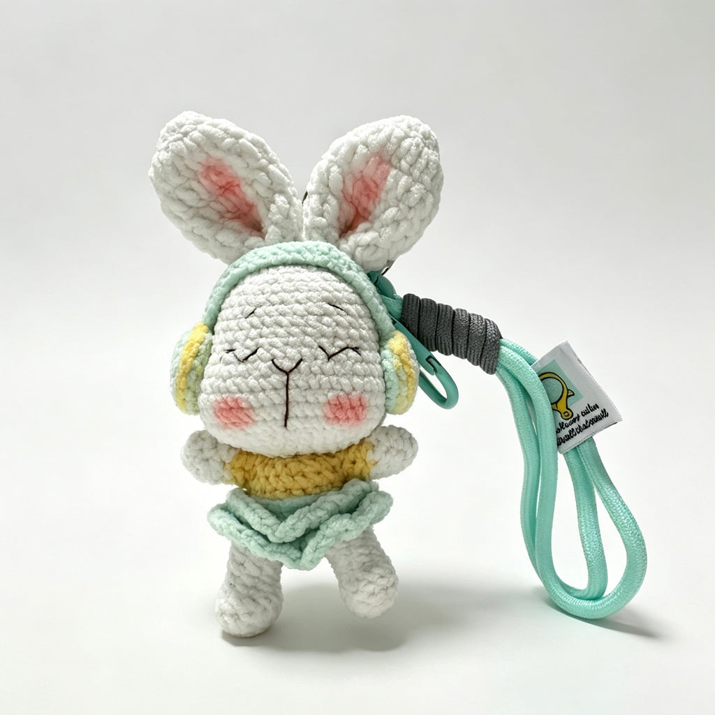 Headphone Bunny Amigurumi Charm — Handmade Crochet Keychain Doll