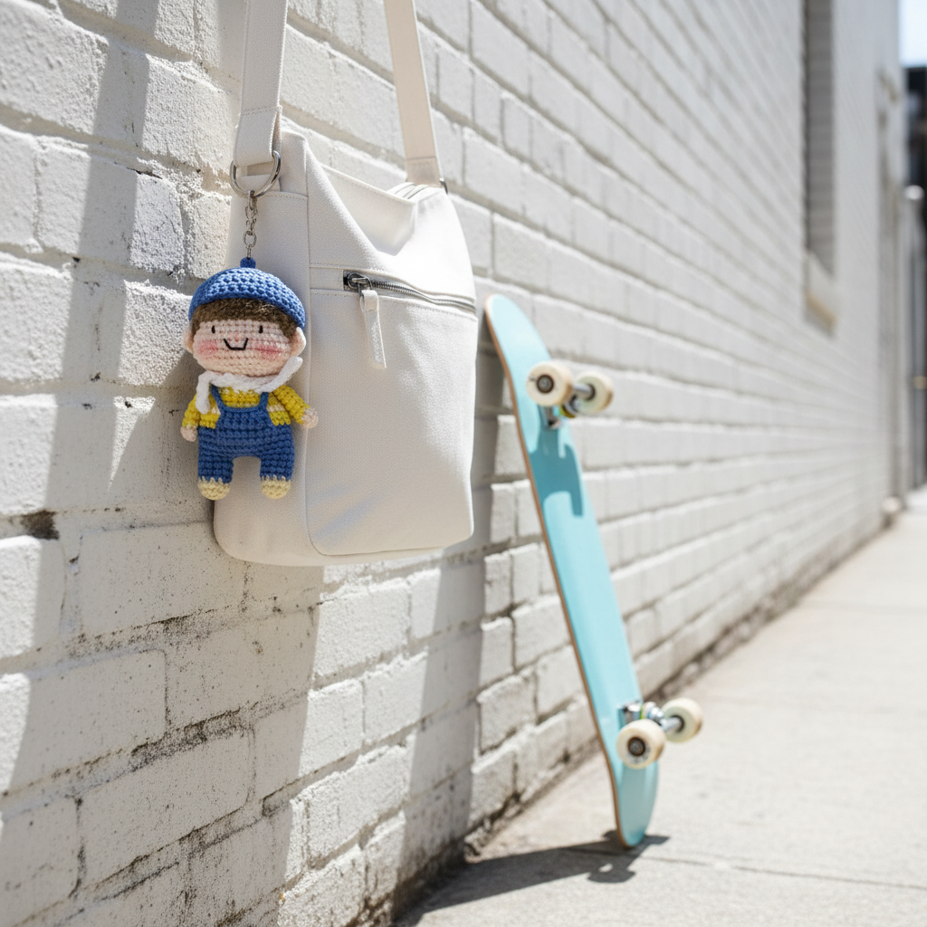 Handmade Crochet Boy Keychain – Blue Cap, Yellow Sweater & Denim Overalls | 10cm Amigurumi Charm