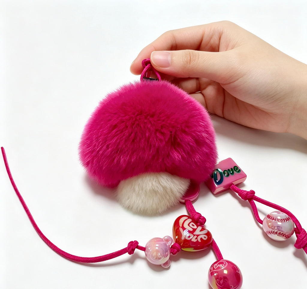 Fluffy Pink Mushroom — Velvet Rex Rabbit Fur Beaded Charm 🍄💖