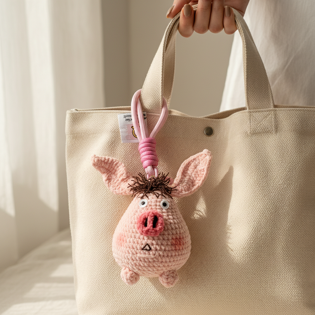 Handmade crochet pig bag charm keychain, cute kawaii amigurumi doll pendant
