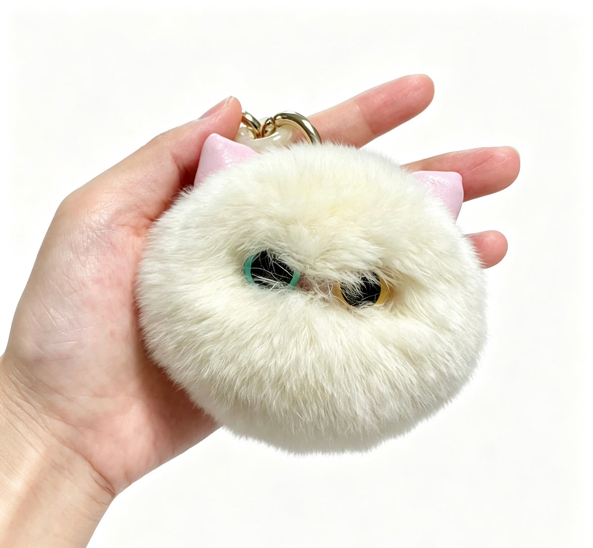 Fluffy Odd-Eyed White Cat — Genuine Rex Rabbit Fur Charm 🐱🤍