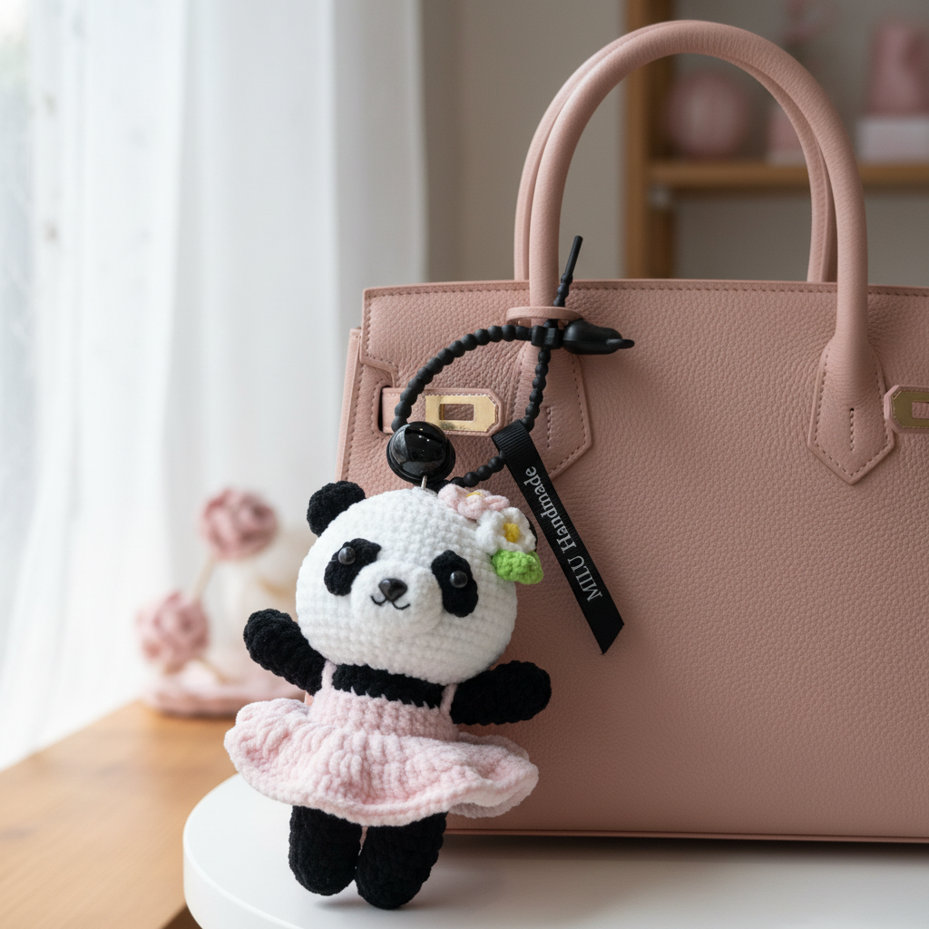 Handmade Crochet Panda Keychain – Pink Ballet Dress & Daisy Crown | 12cm Amigurumi Charm