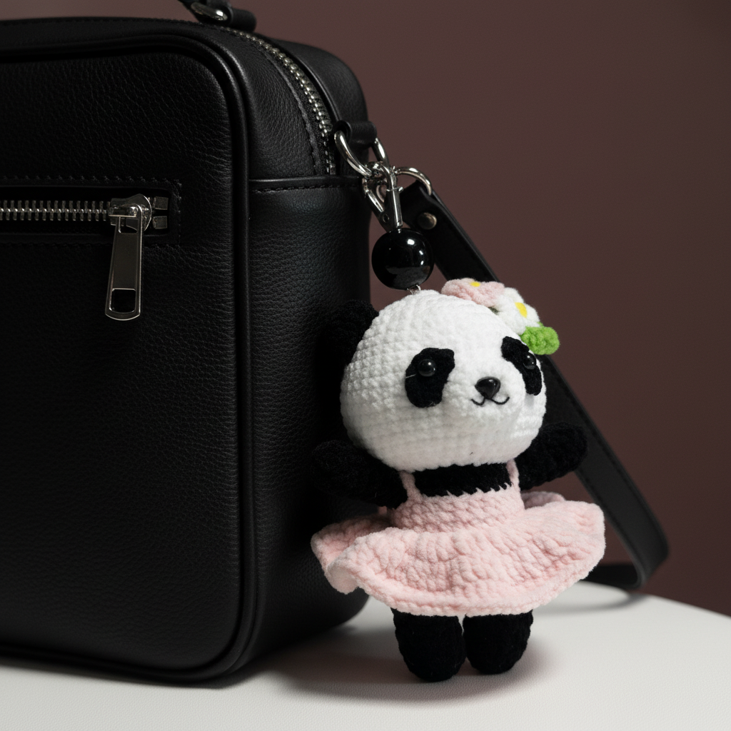 Handmade Crochet Panda Keychain – Pink Ballet Dress & Daisy Crown | 12cm Amigurumi Charm