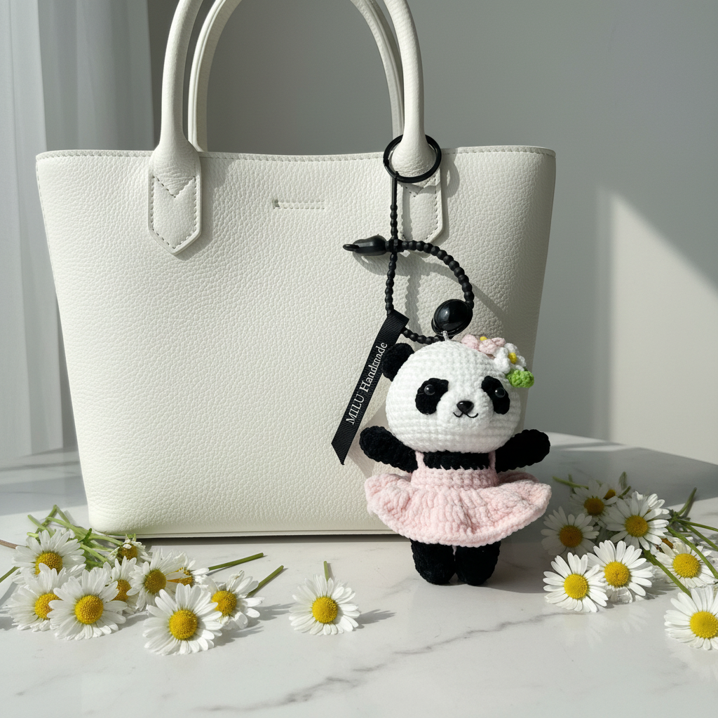Handmade Crochet Panda Keychain – Pink Ballet Dress & Daisy Crown | 12cm Amigurumi Charm