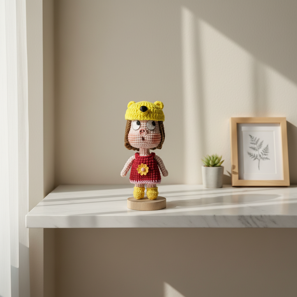 Handmade Crochet Pig Girl Doll – Removable Yellow Fish Hat | 12cm Amigurumi
