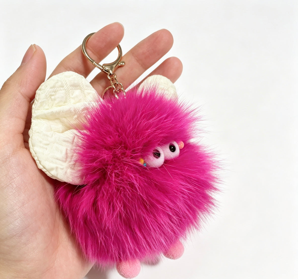 White Bow Fuzzy Monster — Faux Fox Fur Berry Bag Charm 🎀💖