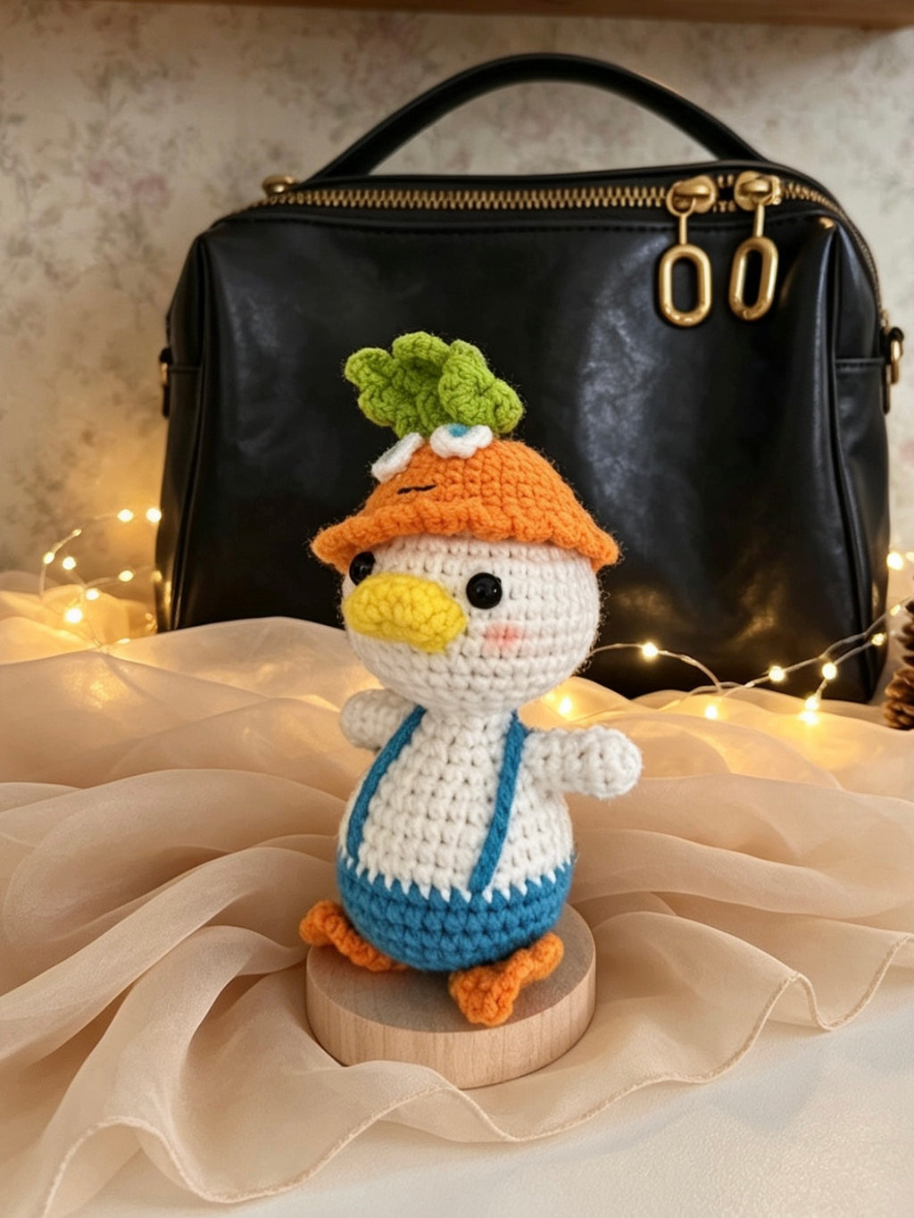 Handmade Crochet Duck Plush – Carrot Hat & Blue Overalls | 12cm×5cm Amigurumi
