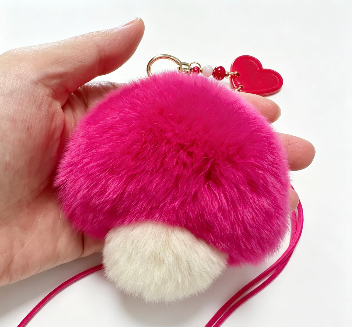 Fluffy Pink Mushroom — Velvet Rex Rabbit Fur Beaded Charm 🍄💖