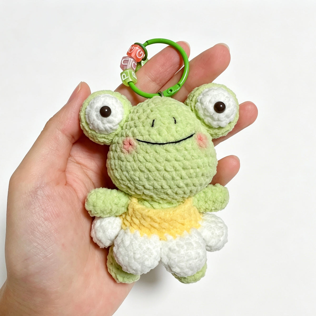 Cheerful Green Frog Charm — Chenille Amigurumi Keychain 🐸🔔