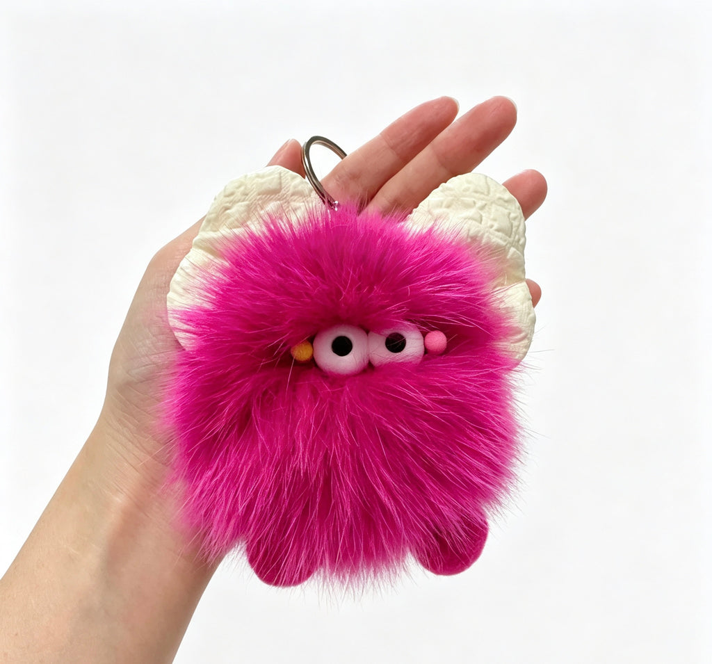 White Bow Fuzzy Monster — Faux Fox Fur Berry Bag Charm 🎀💖