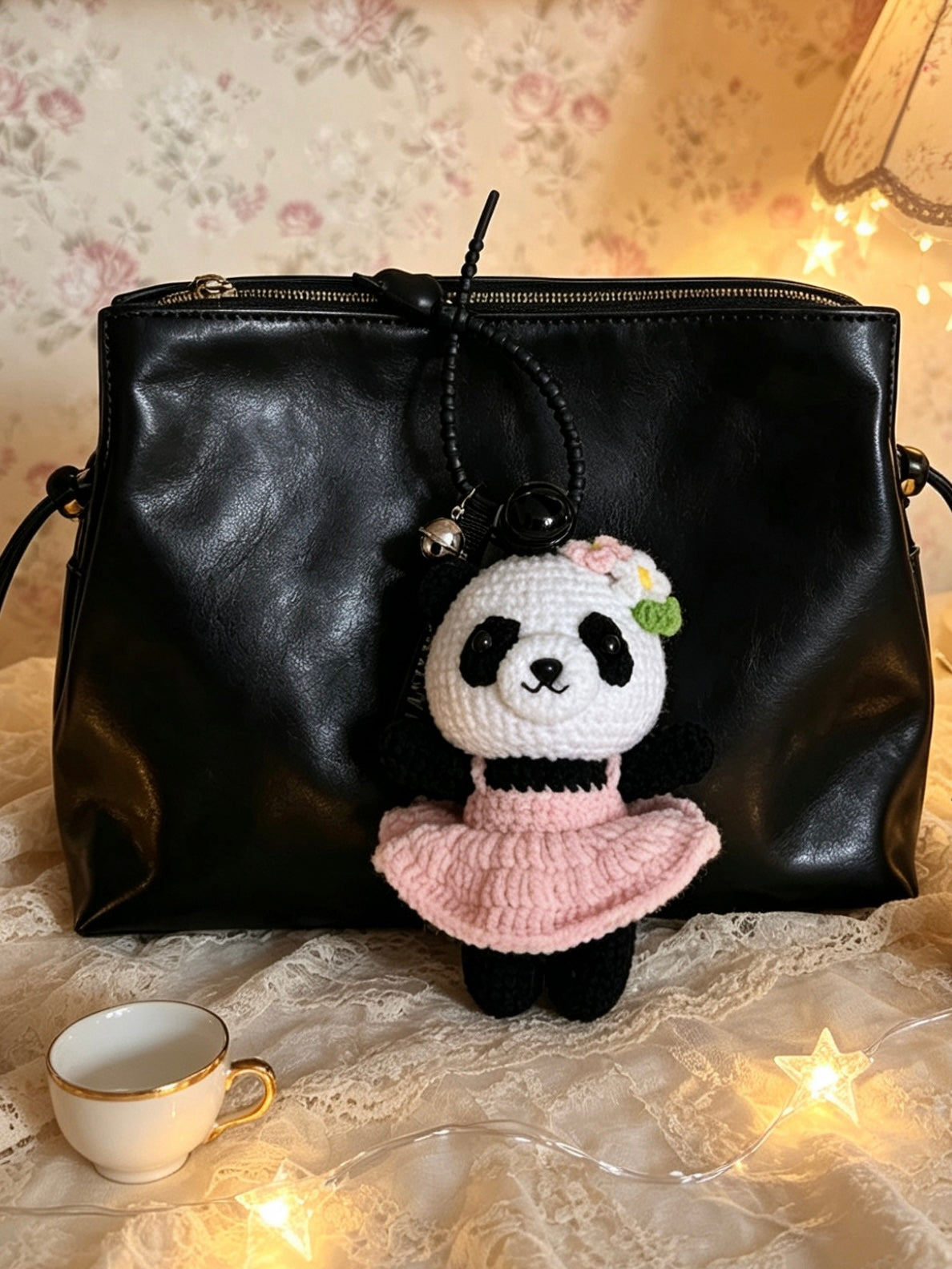 Handmade Crochet Panda Keychain – Pink Ballet Dress & Daisy Crown | 12cm Amigurumi Charm