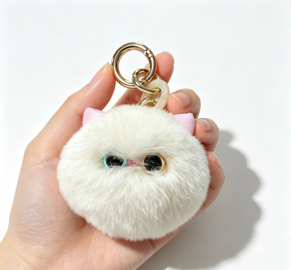 Fluffy Odd-Eyed White Cat — Genuine Rex Rabbit Fur Charm 🐱🤍