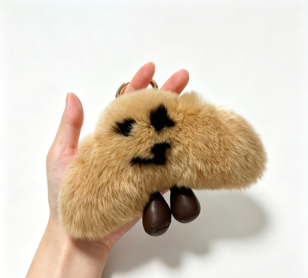 Smirking Croissant with Boots — Genuine Rex Rabbit Fur Bag Charm 🥐🤎