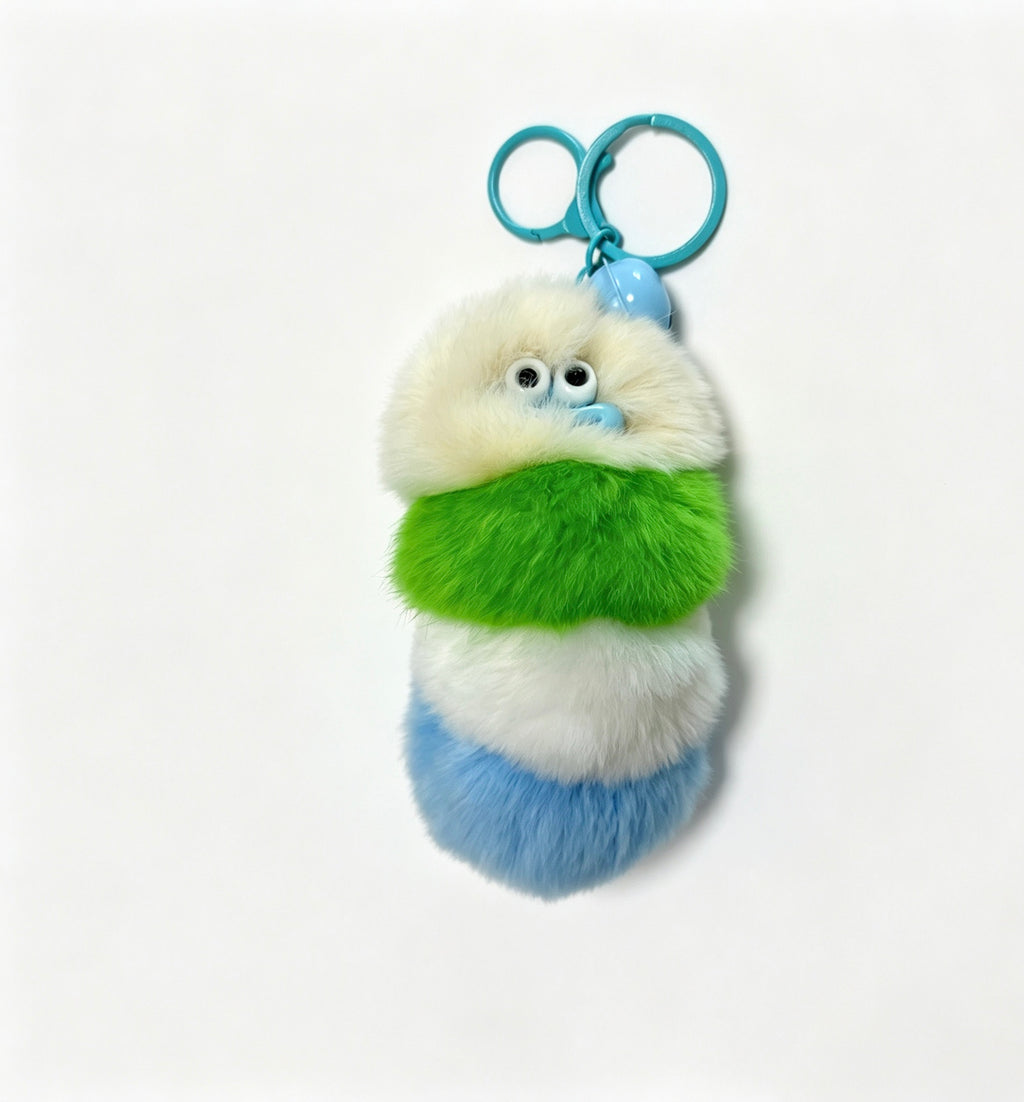 Fluffy Striped Caterpillar — Rex Rabbit Fur Bag Charm 🐛💚