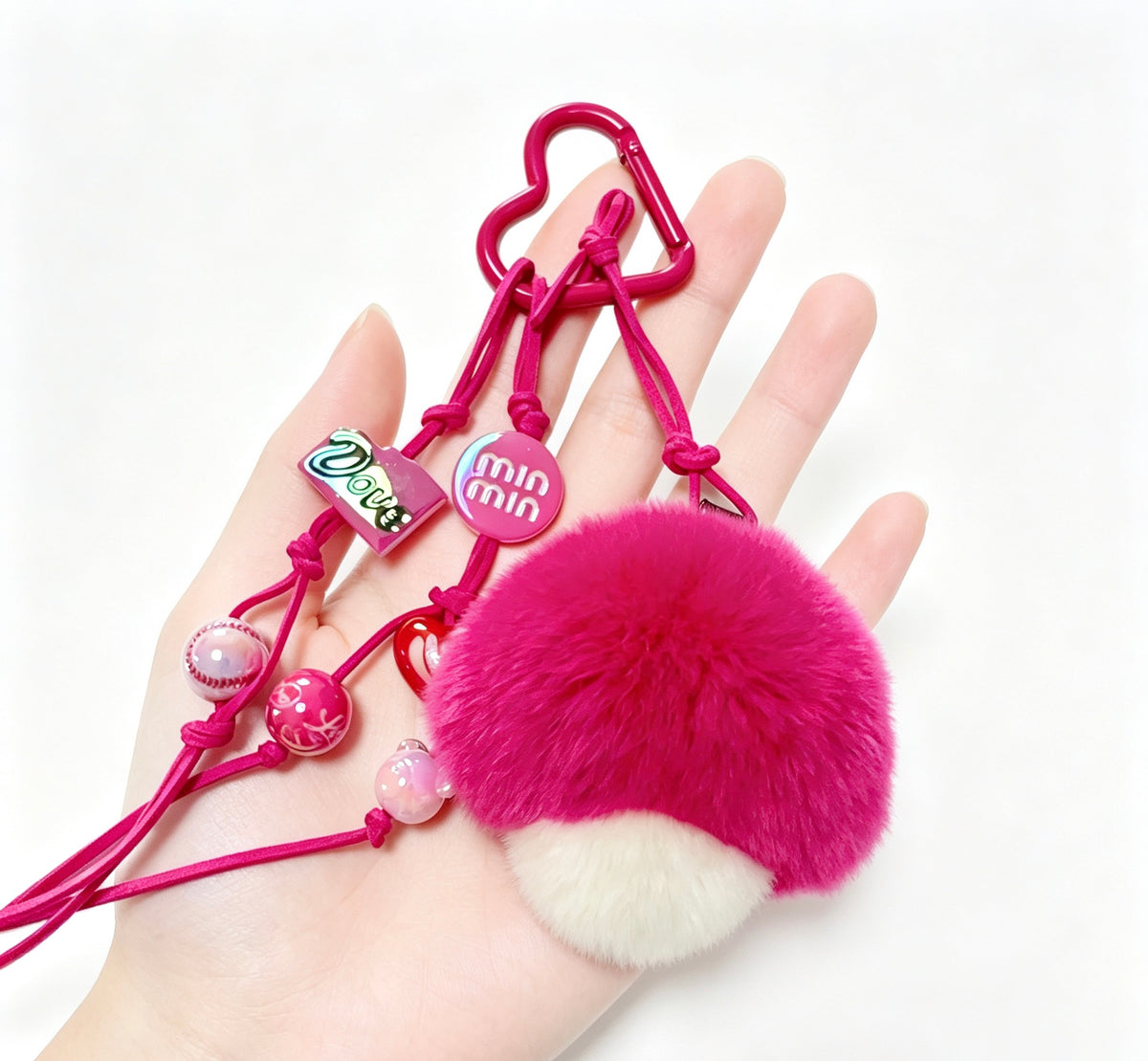 Fluffy Pink Mushroom — Velvet Rex Rabbit Fur Beaded Charm 🍄💖