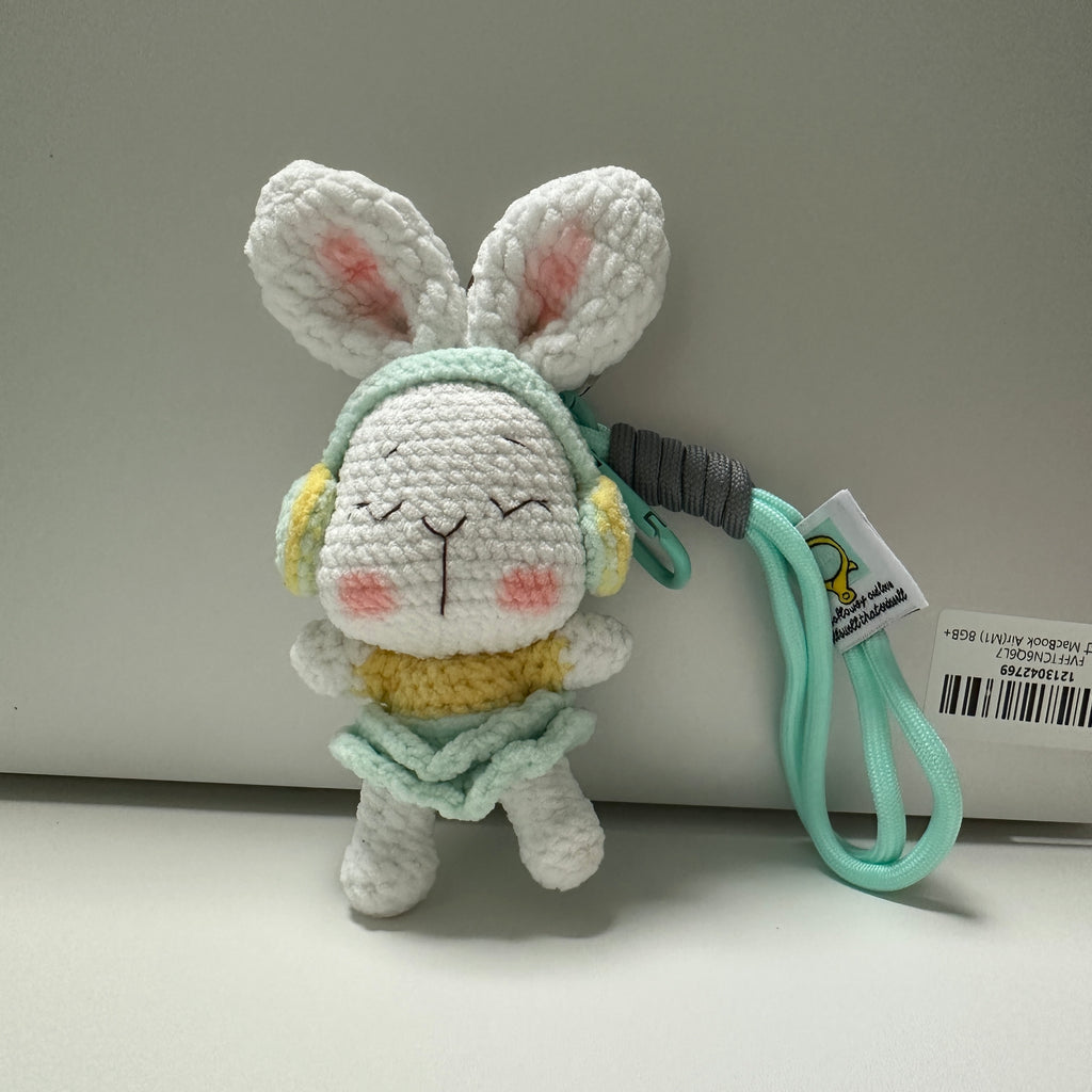 Headphone Bunny Amigurumi Charm — Handmade Crochet Keychain Doll