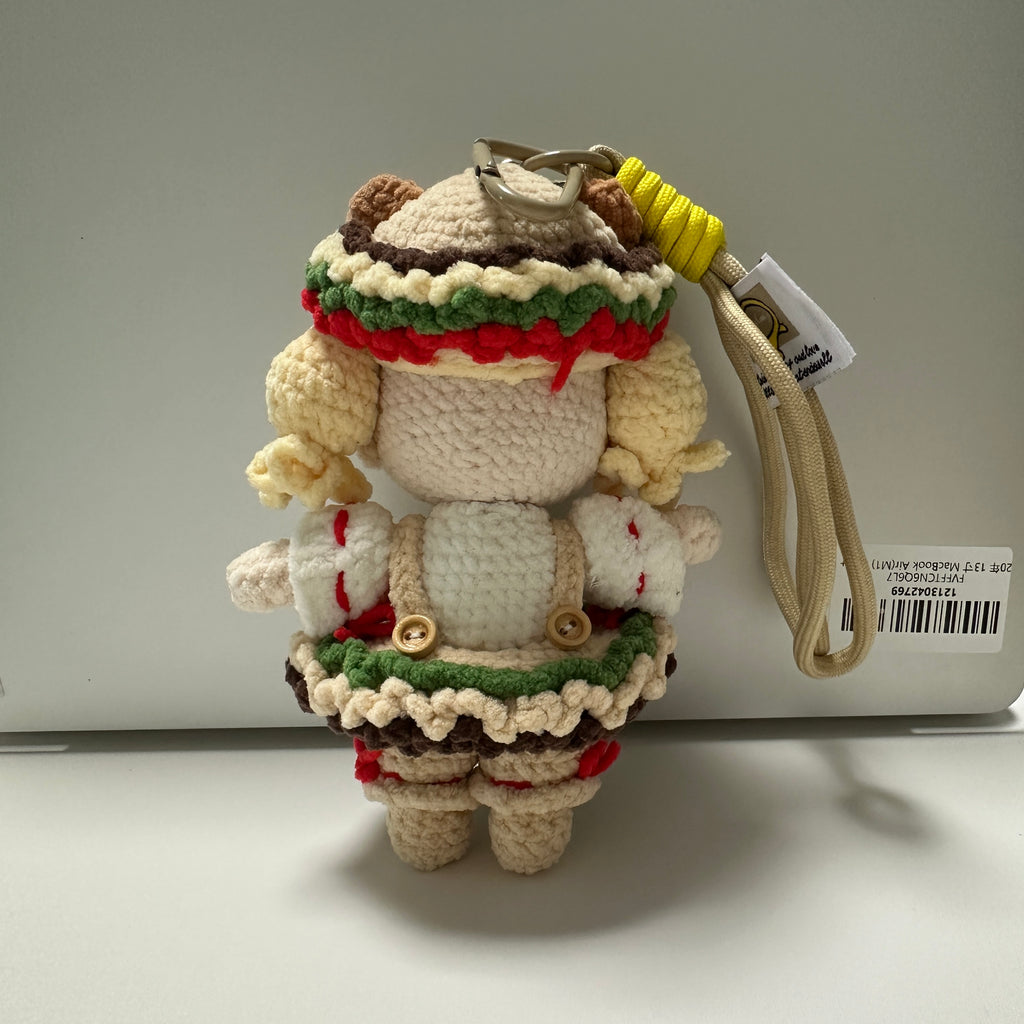 Burger Girl Amigurumi Charm — Handmade Crochet Keychain Doll