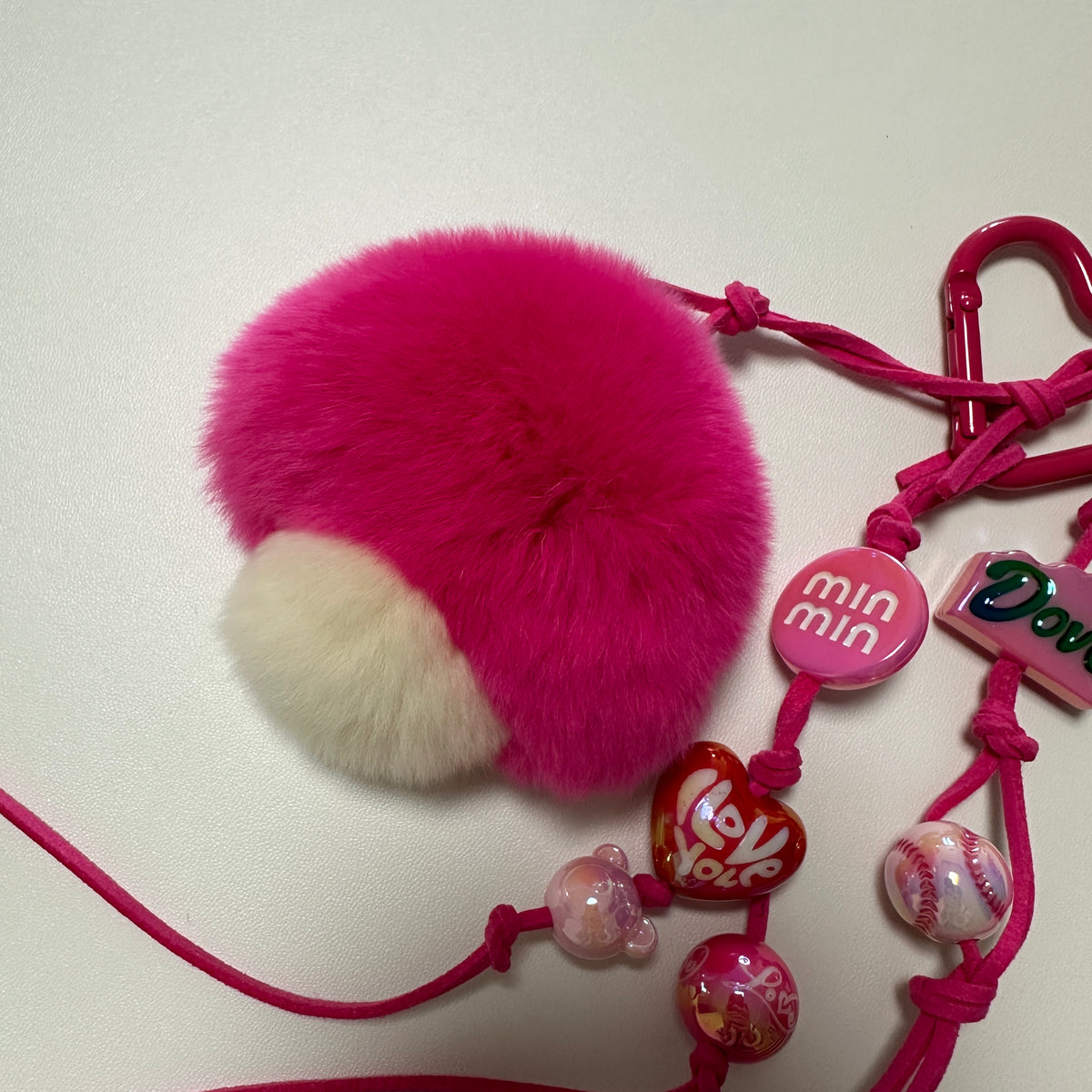 Fluffy Pink Mushroom — Velvet Rex Rabbit Fur Beaded Charm 🍄💖
