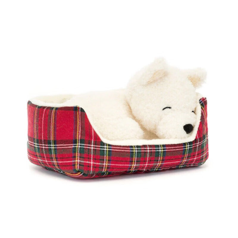 Sleeping Puppy in Tartan Bed Plush — Cozy White Dog Toy 🐶❤️