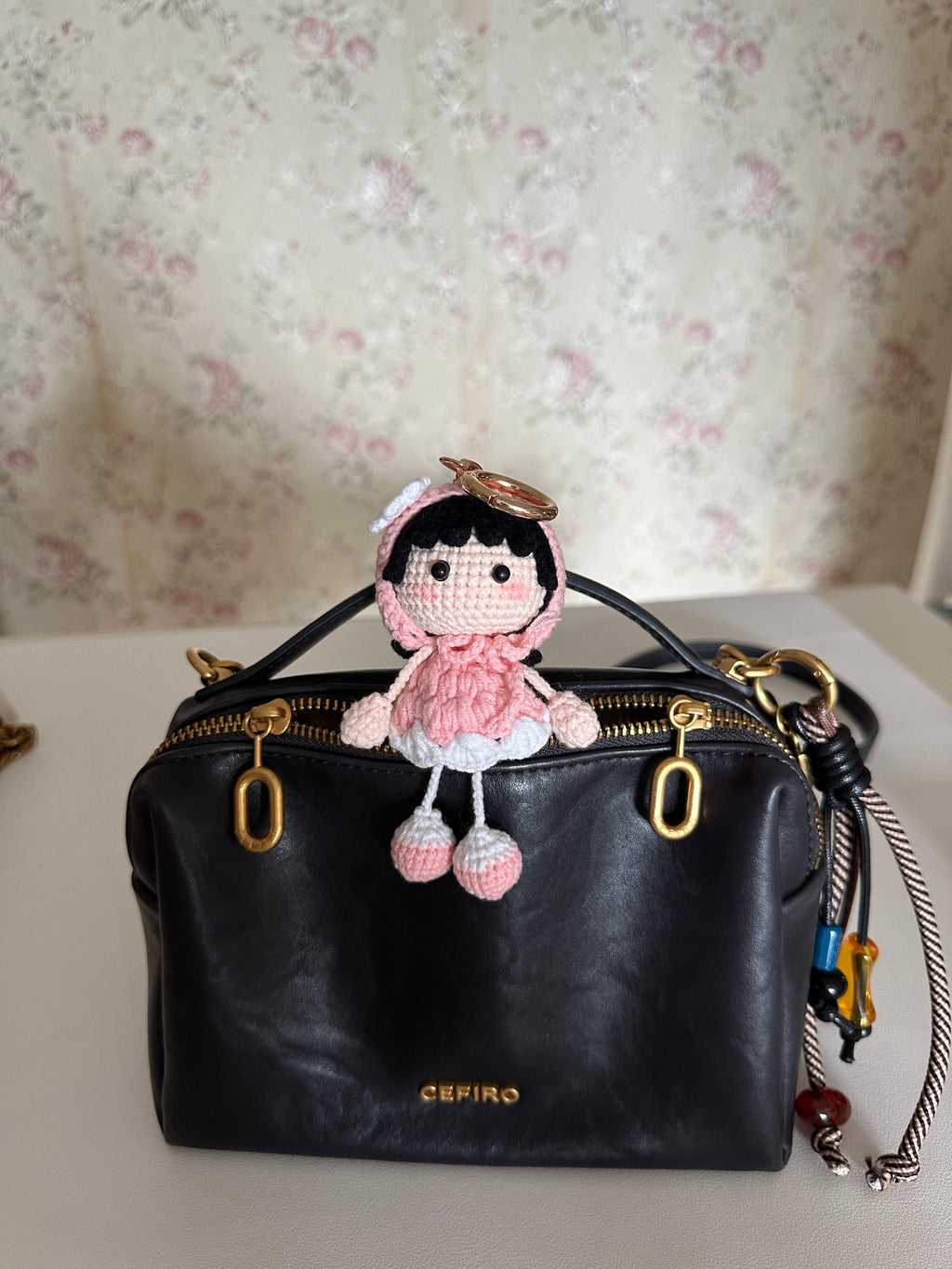 Handmade Crochet Bunny Girl Keychain – Pink Bunny Hoodie, Black Hair & Pompom Feet | 11cm Amigurumi Charm