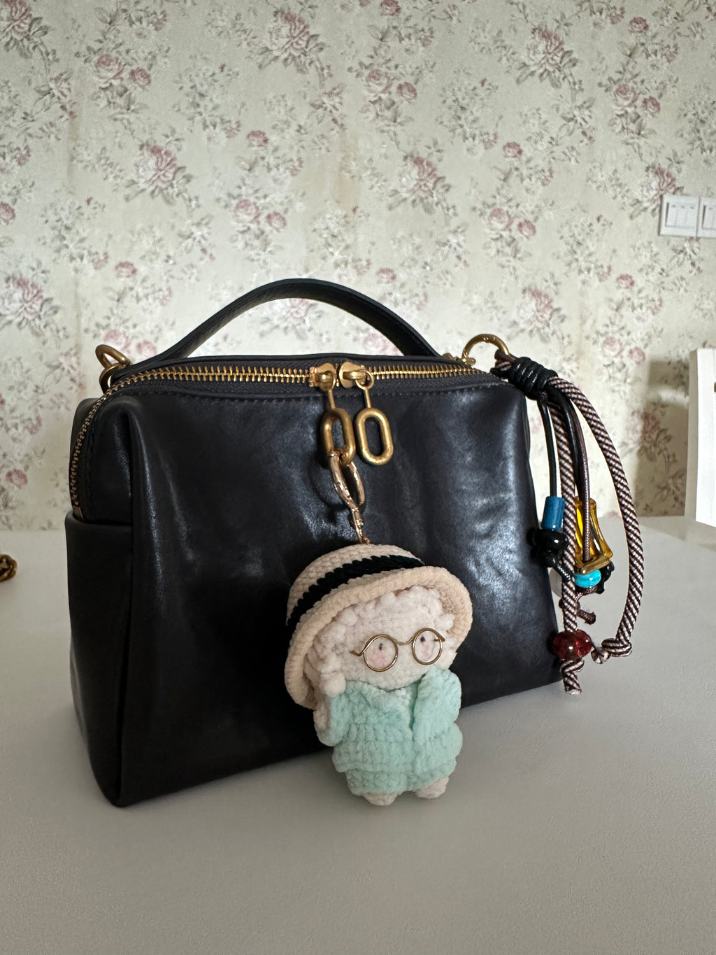 Handmade Crochet Lamb Keychain – Gold Glasses & Mint Coat | 8cm Amigurumi Charm