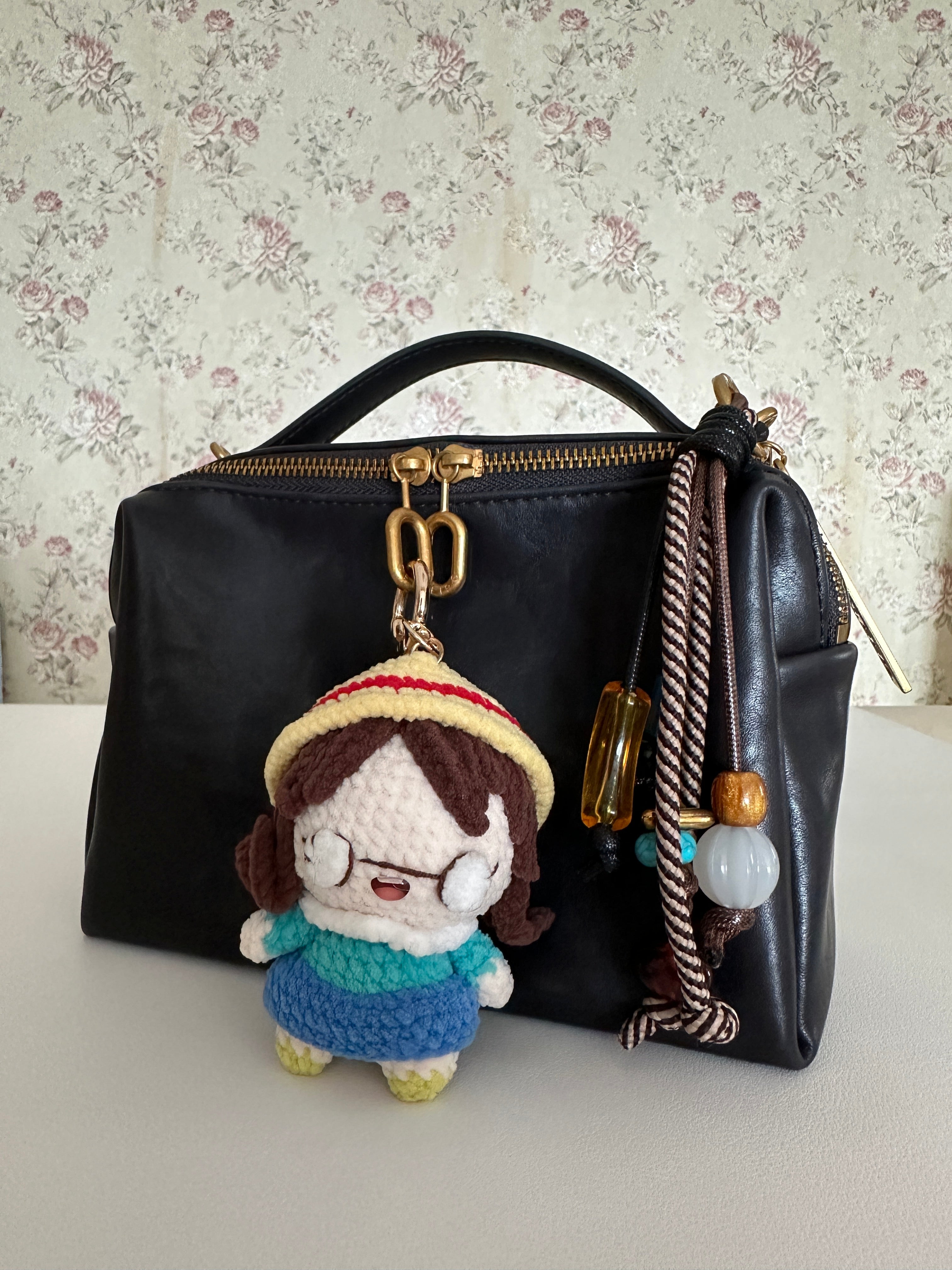 Handmade Crochet Girl Keychain – Glasses, Yellow Hat & Rainbow Sweater | 10cm Amigurumi Charm