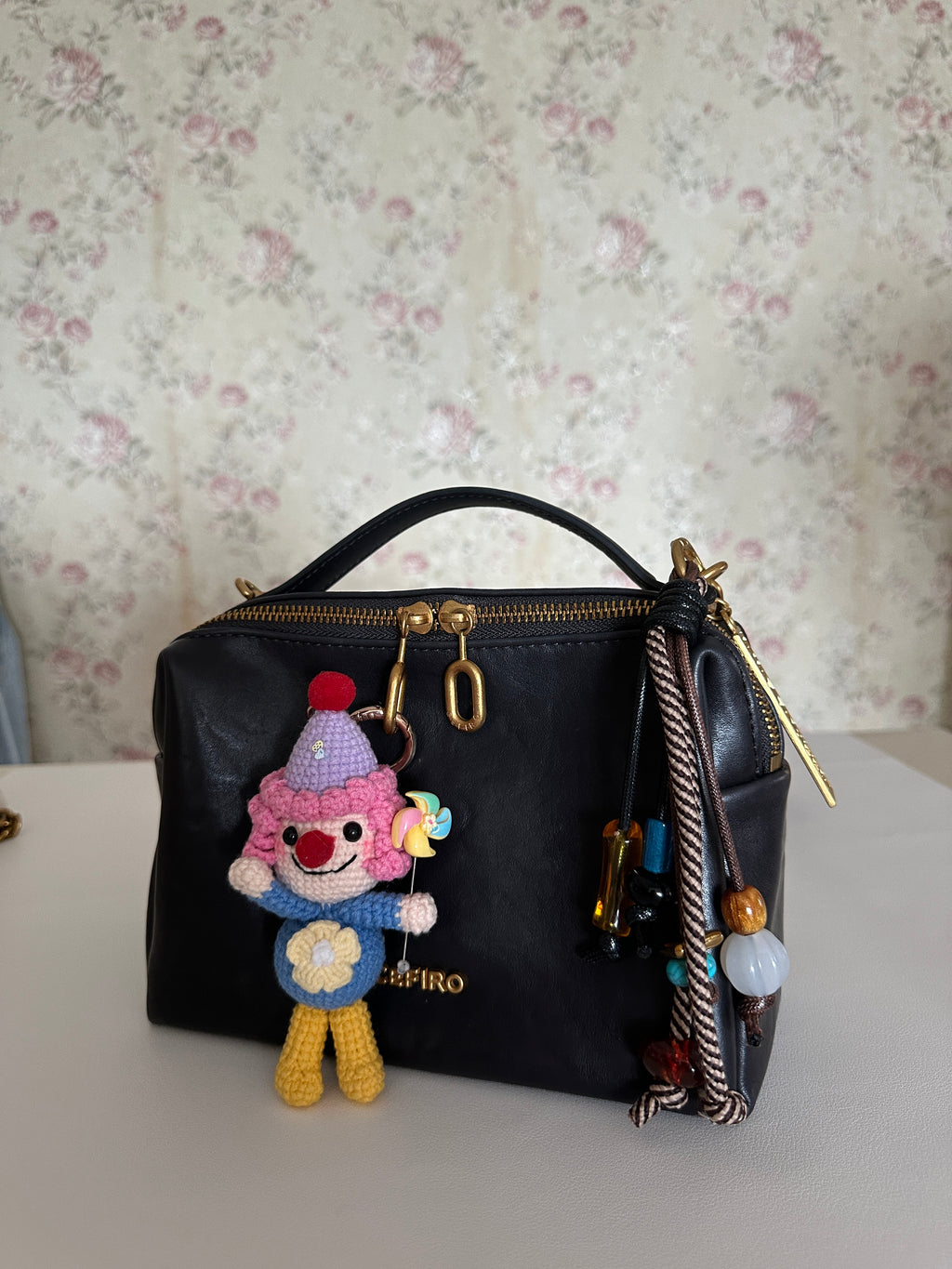 Handmade Crochet Clown Keychain – Pink Curls, Party Hat & Lollipop | 13cm Amigurumi Charm