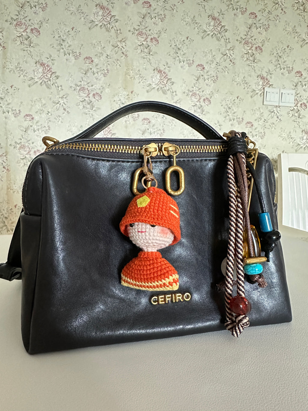 Handmade Crochet Mushroom Girl Keychain – Rust Orange & Cream | 7cm Amigurumi Charm