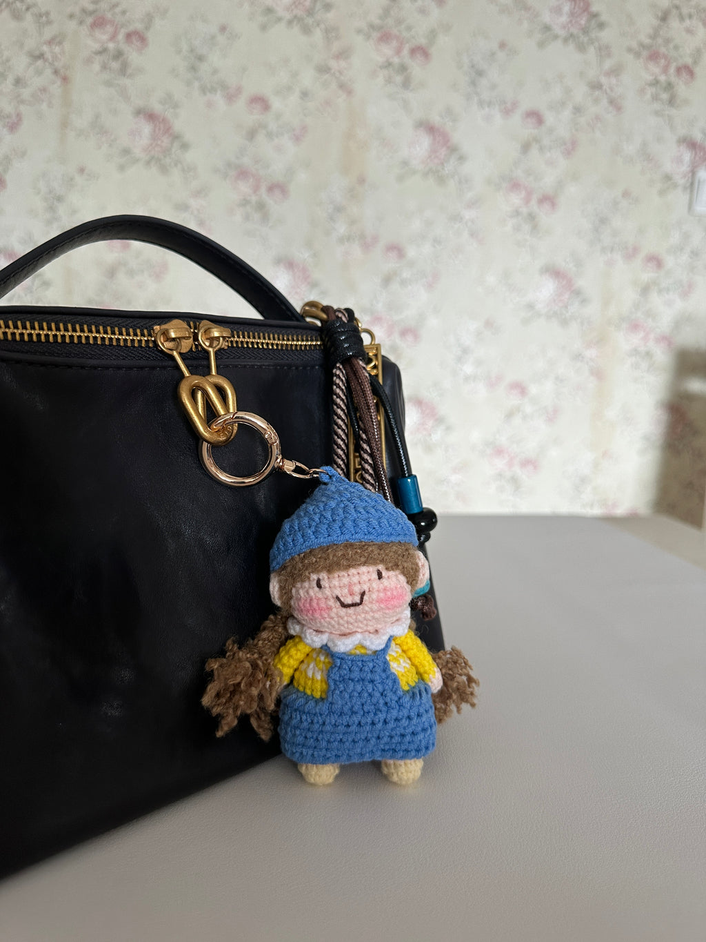 Handmade Crochet Girl Keychain – Blue Beret, Yellow Sweater & Pinafore Dress | 10cm Amigurumi Charm
