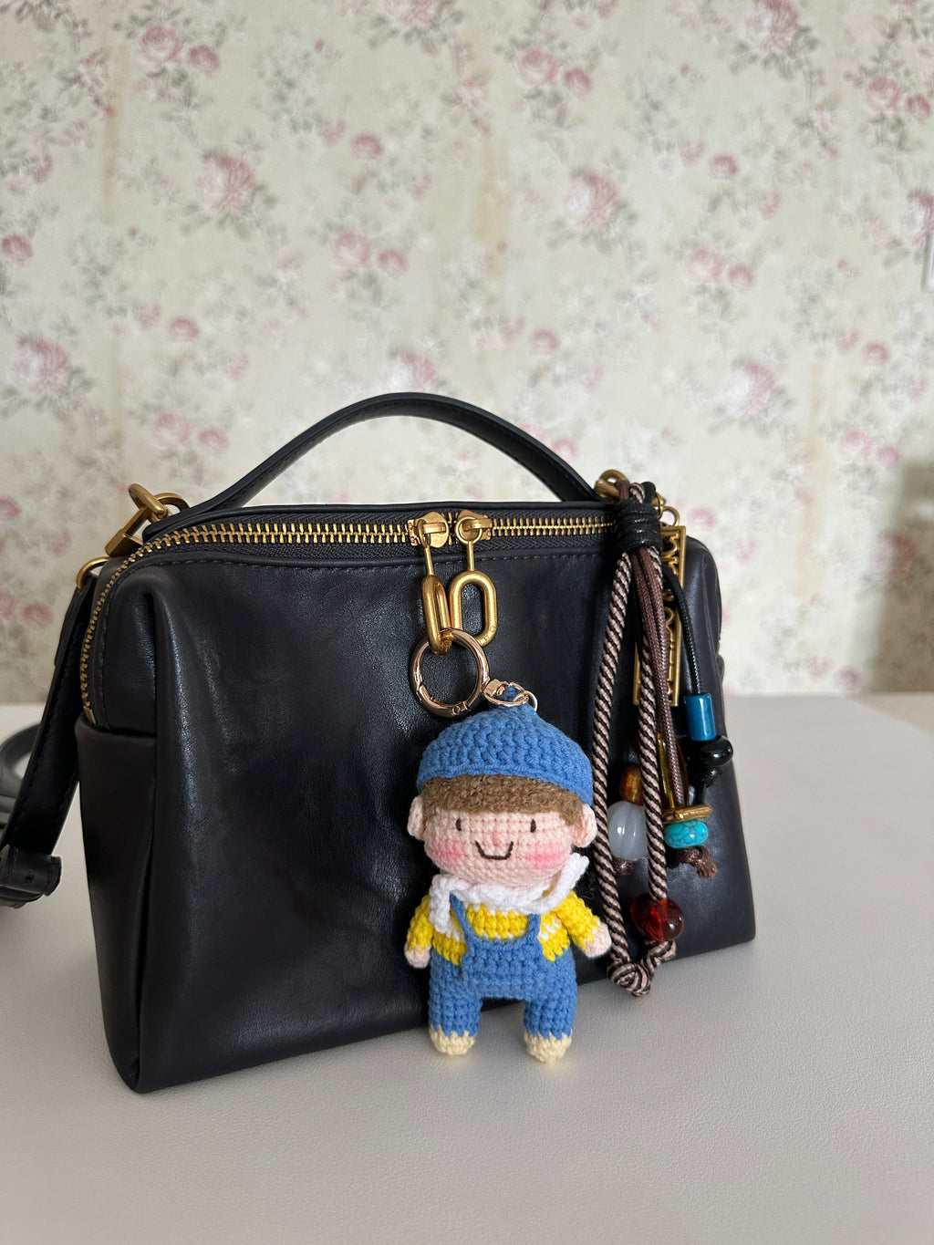 Handmade Crochet Boy Keychain – Blue Cap, Yellow Sweater & Denim Overalls | 10cm Amigurumi Charm