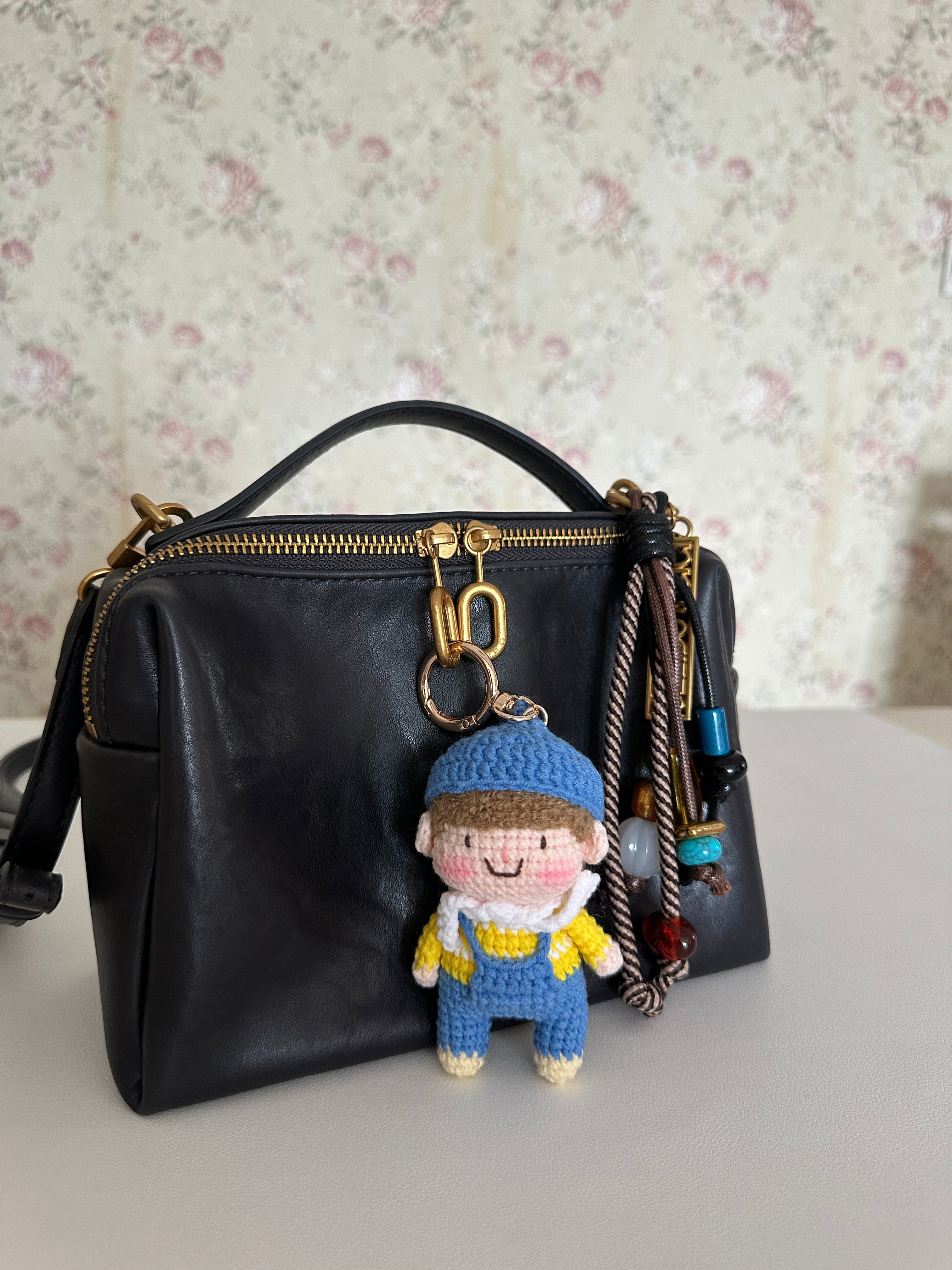 Handmade Crochet Boy Keychain – Blue Cap, Yellow Sweater & Denim Overalls | 10cm Amigurumi Charm