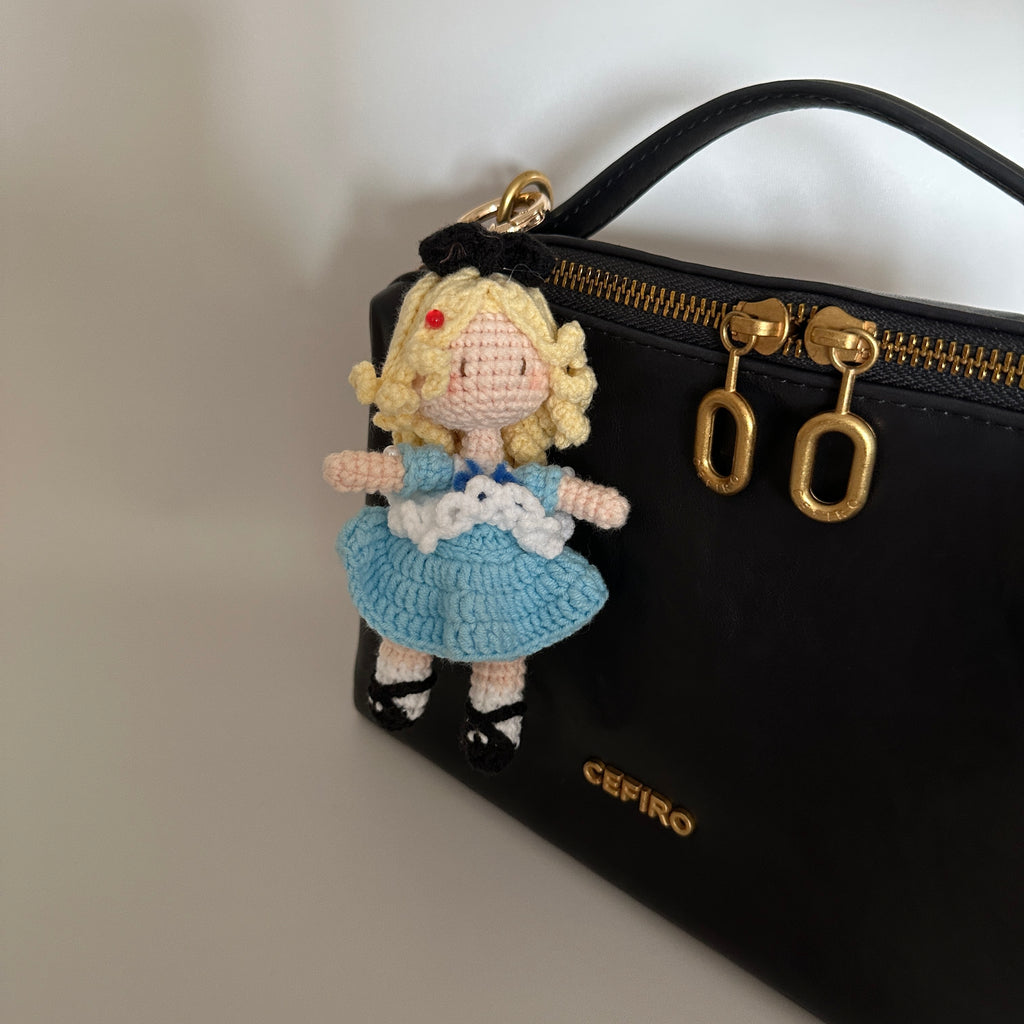 Blonde Girl in Blue Dress Crochet Doll Amigurumi Charm | Keychain & Bag Pendant