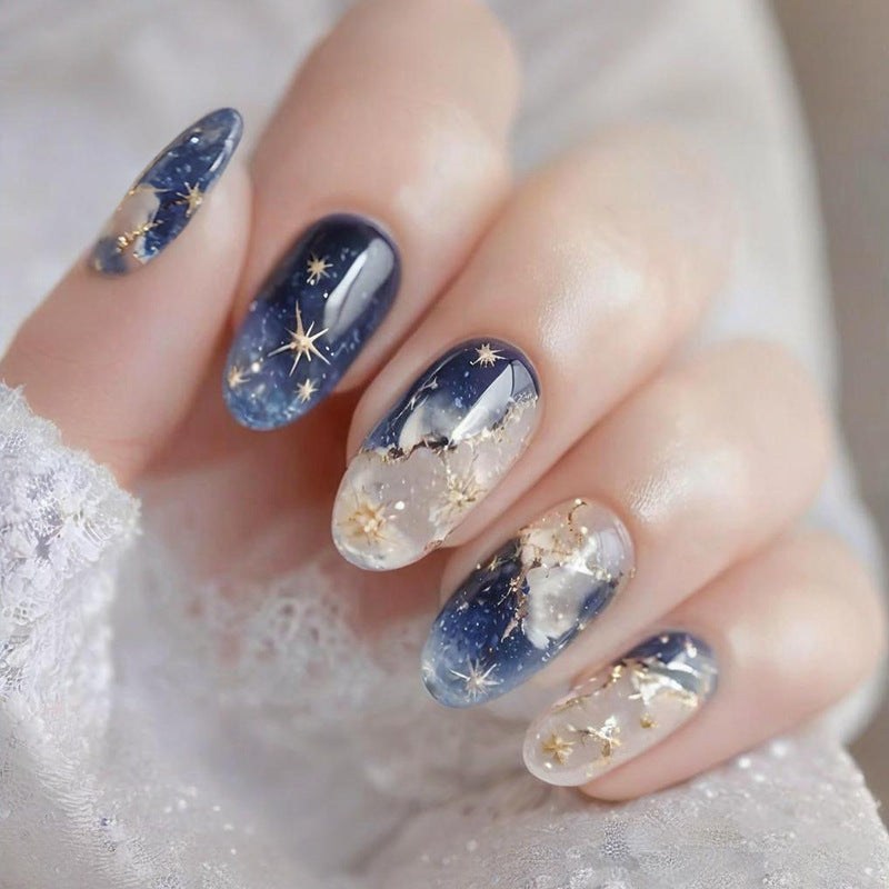 Ice blue blooming press on nails with transparent gradient and quicksand effect