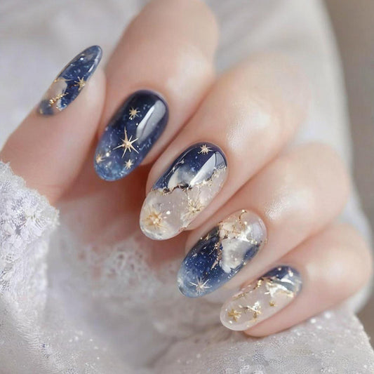 Ice blue blooming press on nails with transparent gradient and quicksand effect