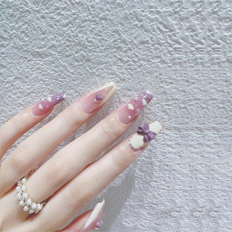 Purple Gradient Press On Nails - Taro Nebula Flower Design 24pcs