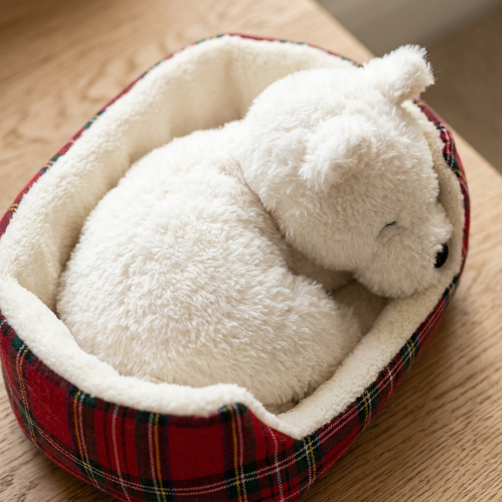 Sleeping Puppy in Tartan Bed Plush — Cozy White Dog Toy 🐶❤️