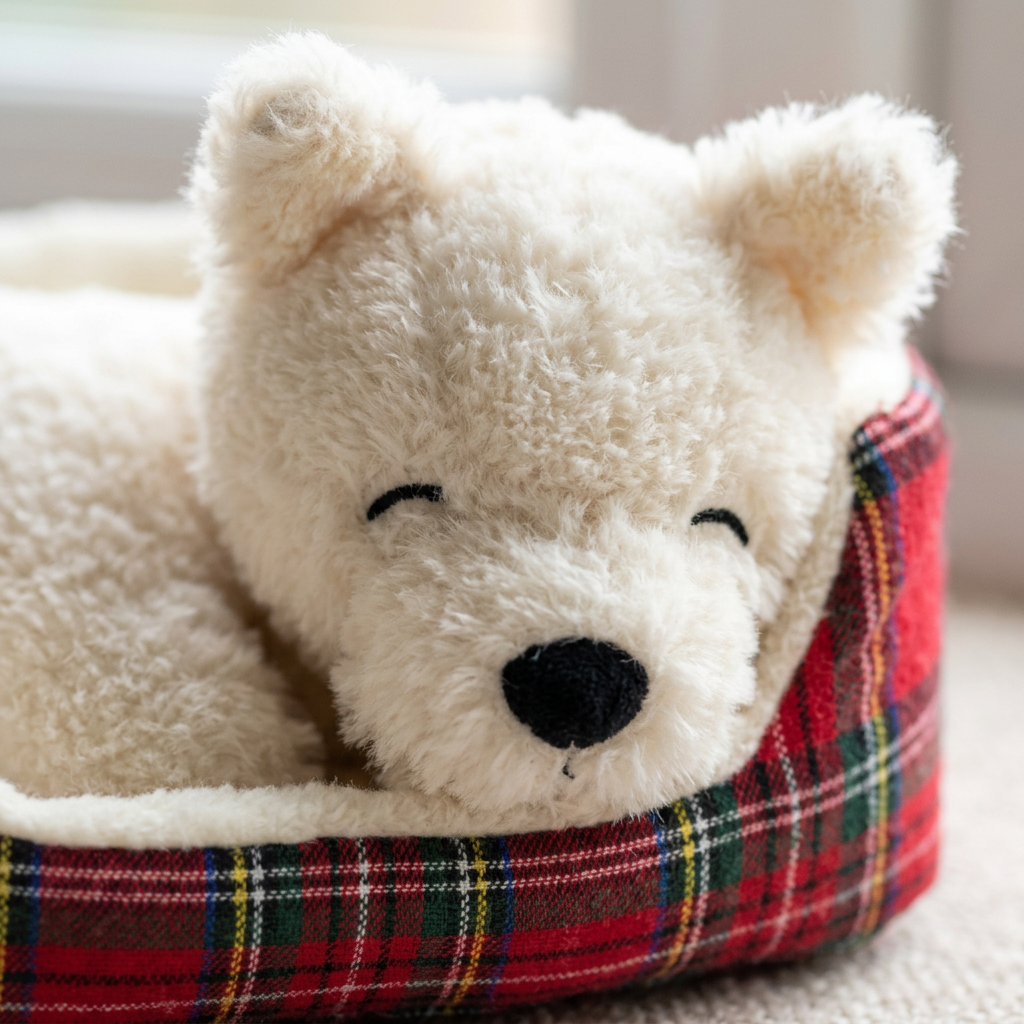 Sleeping Puppy in Tartan Bed Plush — Cozy White Dog Toy 🐶❤️