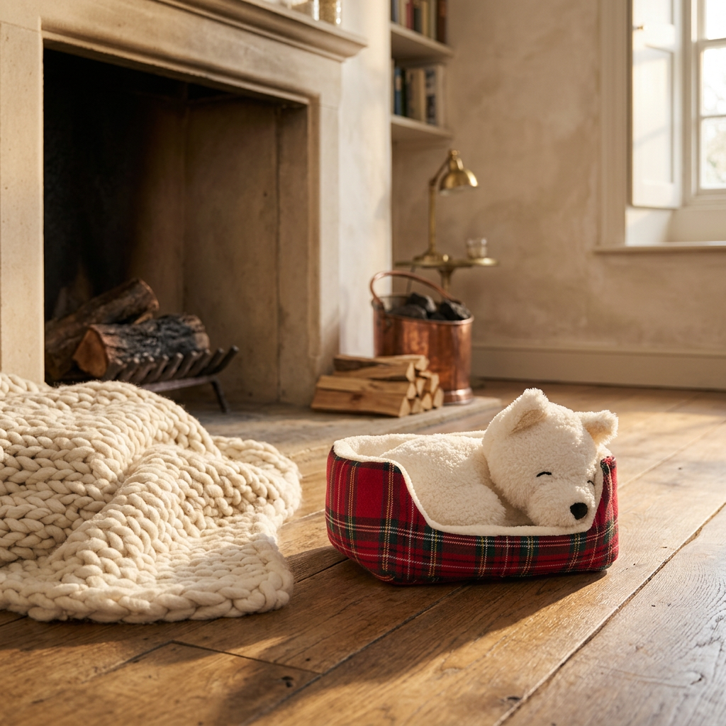 Sleeping Puppy in Tartan Bed Plush — Cozy White Dog Toy 🐶❤️