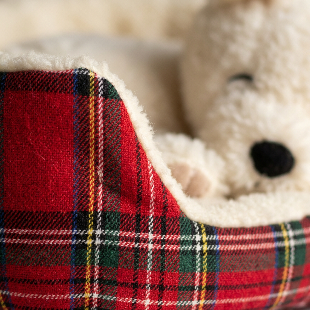 Sleeping Puppy in Tartan Bed Plush — Cozy White Dog Toy 🐶❤️